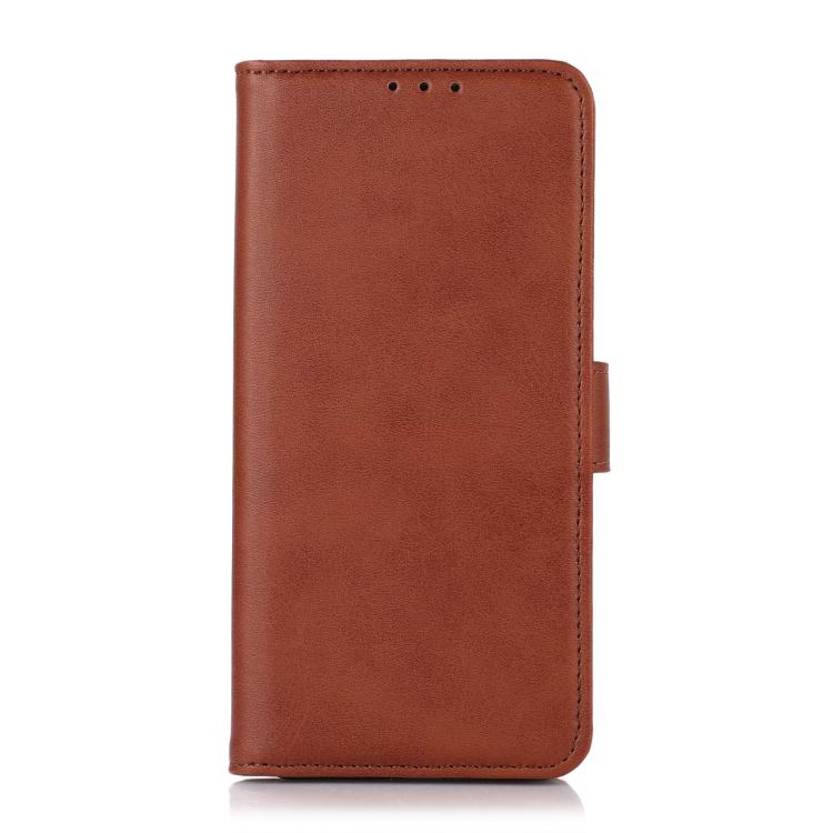 Brown cow texture leather phone case, front view with flap top edge