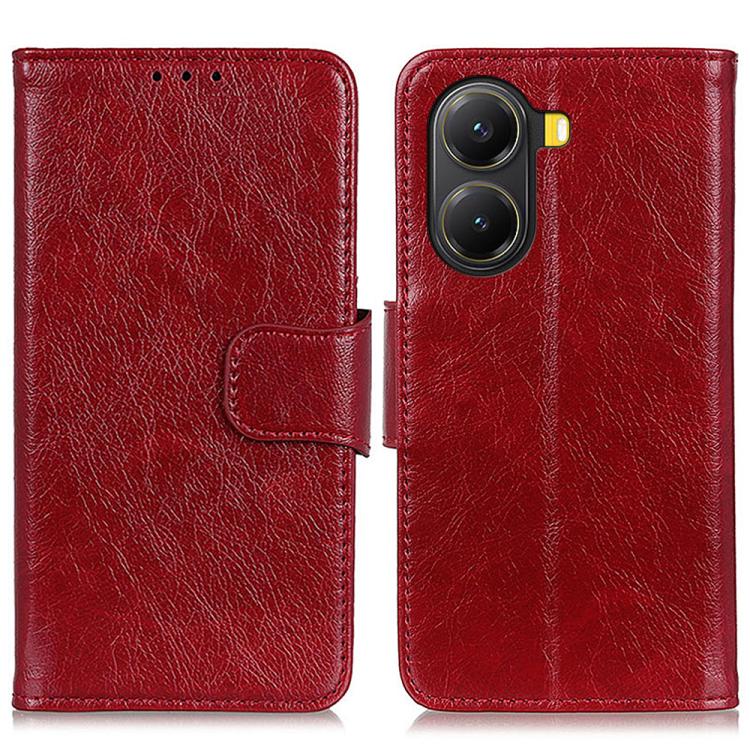 Red nappa leather flip phone case with strap closure and yellow side camera button