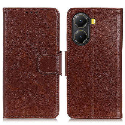 Brown nappa leather flip phone case with strap closure and yellow side camera button