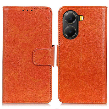 Orange nappa leather flip phone case with strap closure and yellow side camera button