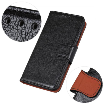 Black nappa texture flip leather phone case with detailed strap and inner panel