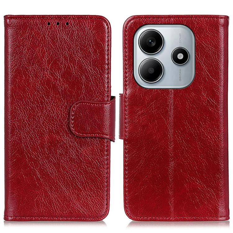 Red nappa texture flip leather phone case with magnetic strap and camera cutout