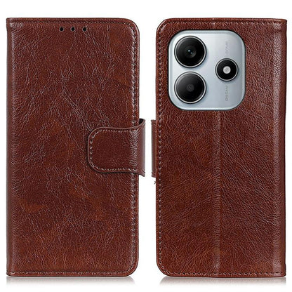 Brown nappa texture flip leather phone case with magnetic strap and camera cutout