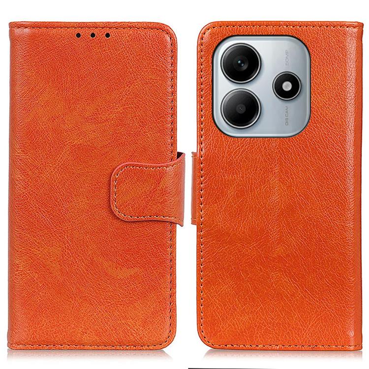 Orange nappa texture flip leather phone case with magnetic strap and camera cutout