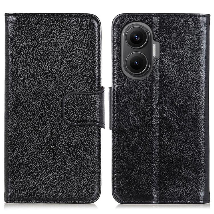 Black nappa leather flip phone case with belt clip and front camera cutout