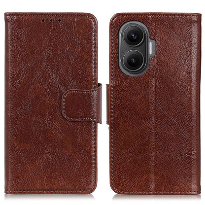 Brown nappa leather flip phone case with strap closure and front camera cutout