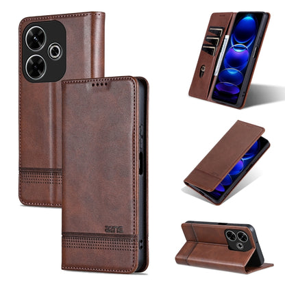 Magnetic flip leather phone case with textured finish, dark brown color, card slot and stand