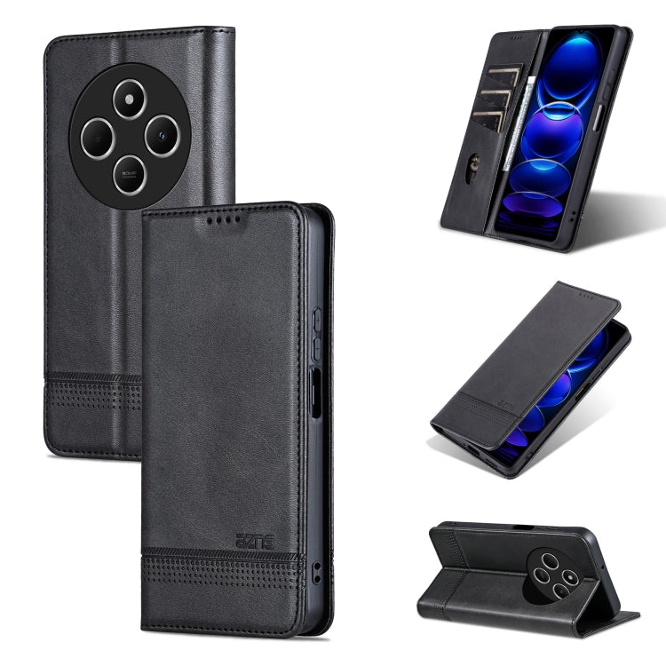 Black leather flip phone case with textured finish, kickstand, and camera cutout