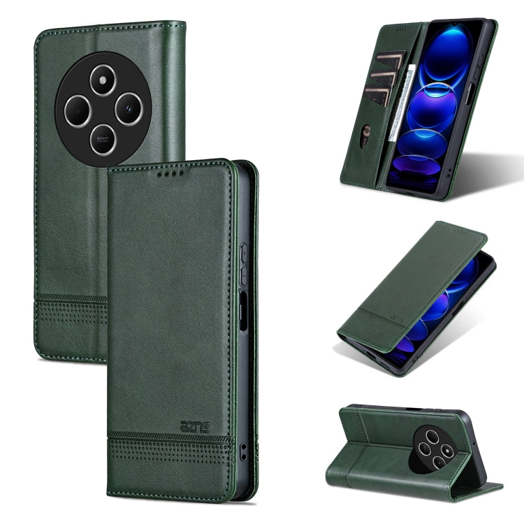 Dark green leather flip phone case shown open with camera cutout and kickstand
