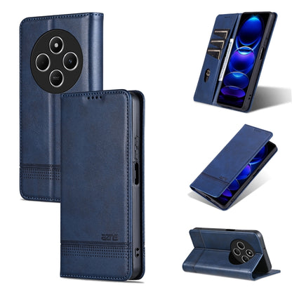 Blue leather flip phone case with camera cutout and stand for portrait viewing