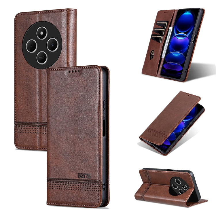 Brown leather flip phone case with camera cutout and stand in open position