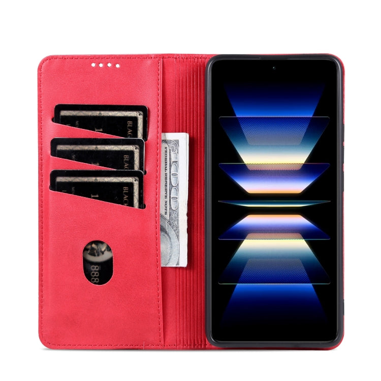 Red folio wallet-style phone case with card slots and magnetic flip cover.