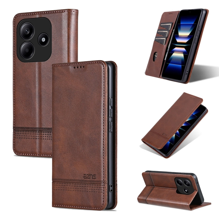 Magnetic flip leather phone case, dark brown calf texture, with camera cutout and stand