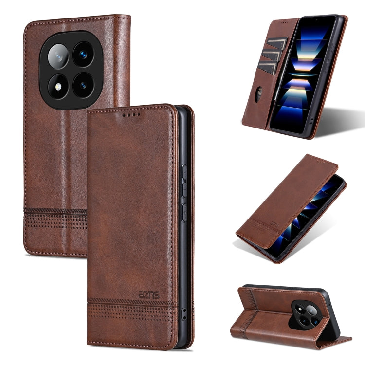 Brown leather flip phone case with textured finish, kickstand, and camera cutout