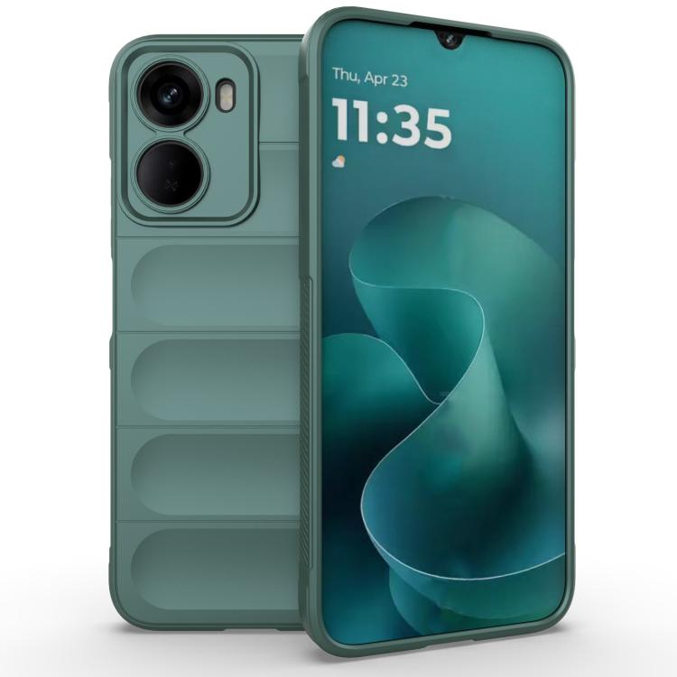 Magic Shield TPU + flannel phone case in dark green, with camera cutouts and raised edges