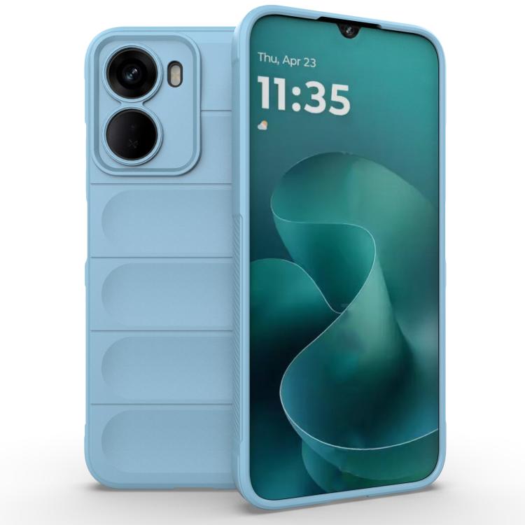 Magic Shield TPU + flannel phone case in light blue, with camera cutouts and raised edges