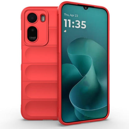 Magic Shield TPU + flannel phone case, red, with camera cutouts and raised edges.