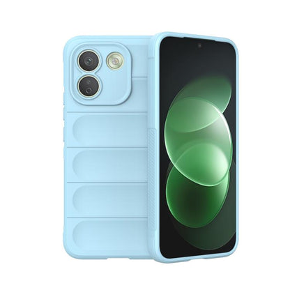 Light blue TPU flannel phone case with raised camera cutouts and screen lip