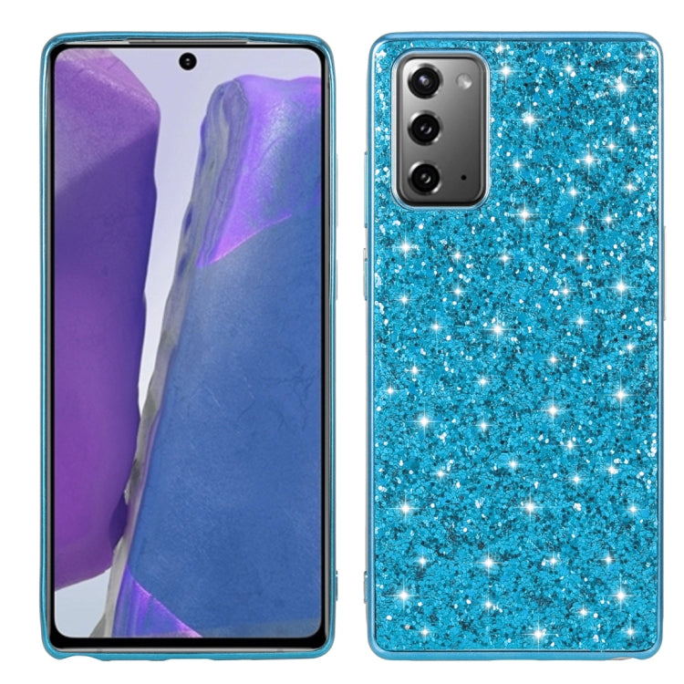 Blue glitter TPU phone case with camera cutouts and shockproof raised bumper