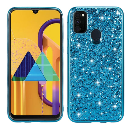 Blue glitter TPU phone case with rear camera cutouts and round fingerprint button