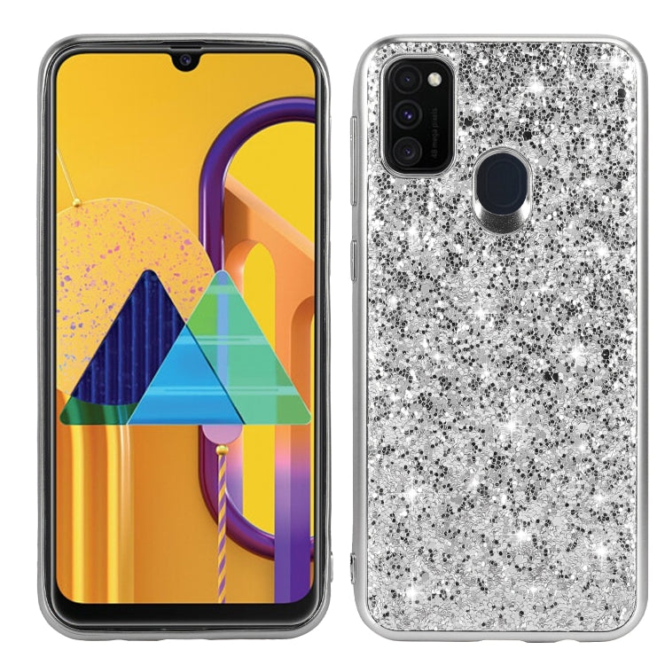 Silver glitter TPU phone case with camera, flash, and fingerprint cutouts
