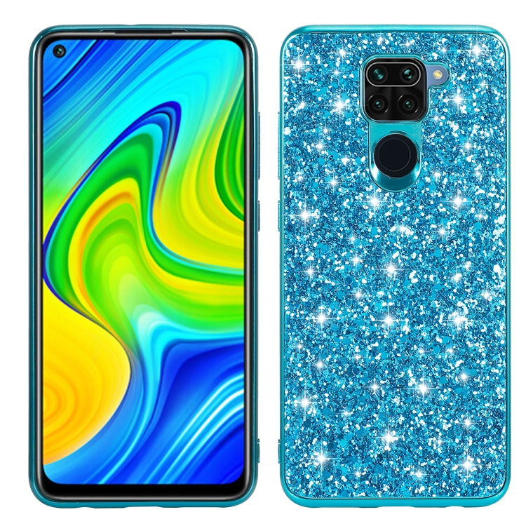 Blue glitter TPU protective phone case with camera and speaker cutouts