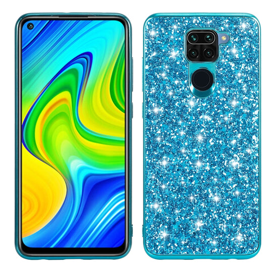 Blue glitter TPU protective phone case with camera and speaker cutouts