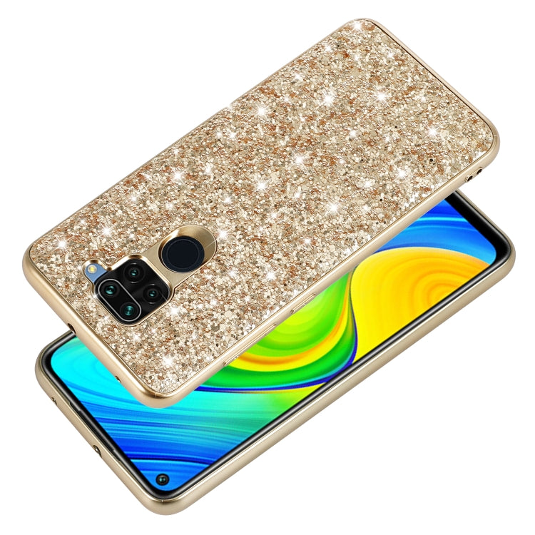 Gold glitter TPU protective phone case, angled view with camera cutout