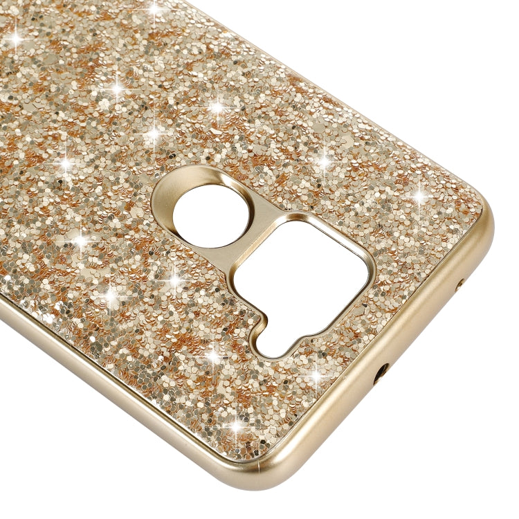 Gold glitter TPU phone case close-up showing camera cutout and dual flash
