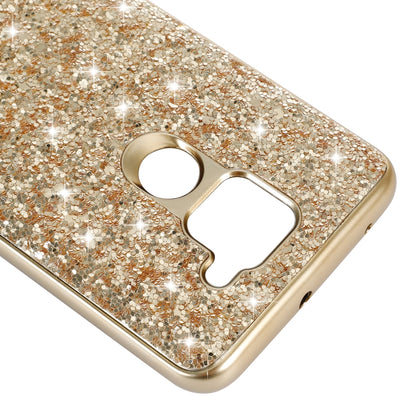 Gold glitter TPU phone case close-up showing camera cutout and dual flash