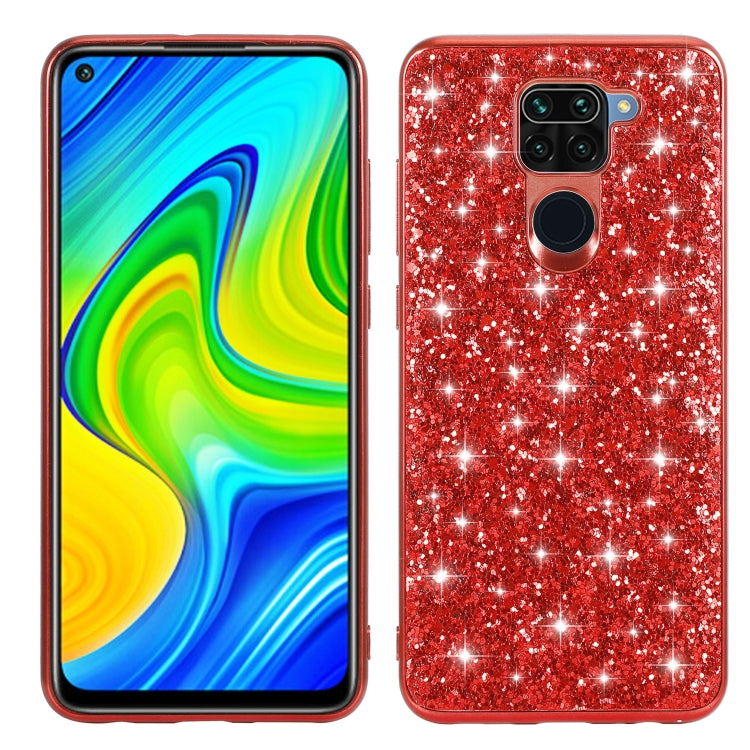 Red glitter TPU phone case with camera cutouts and shockproof raised bumper