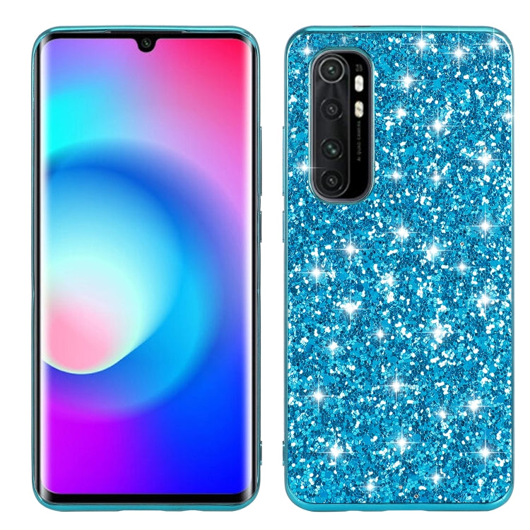 Blue glitter TPU protective phone case with camera cutouts and raised lip