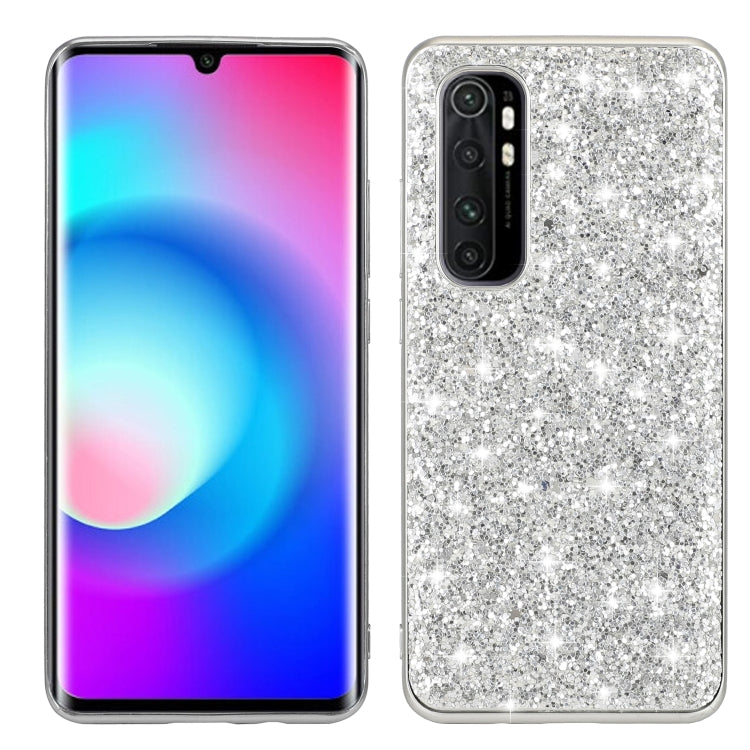 White glitter TPU phone case with camera cutouts and fingerprint button