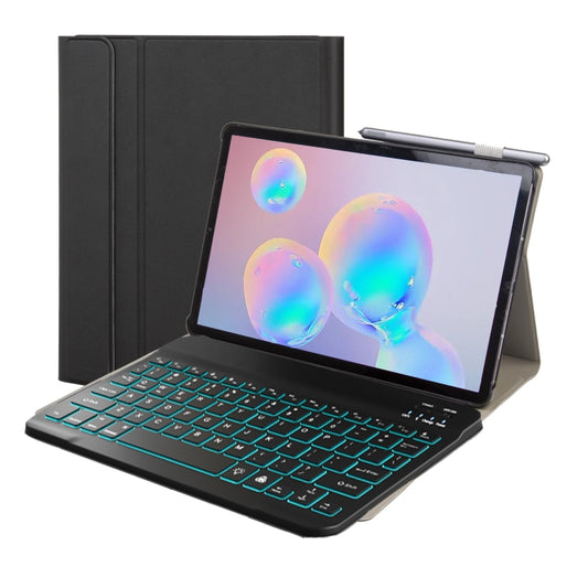 Black leather tablet case with detachable Bluetooth keyboard, backlit keys, fold stand