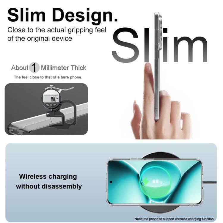 Slim clear TPU phone case with close-to-device fit and wireless charging support