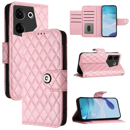 Pink quilted leather flip phone case with lanyard strap, card slots, and kickstand