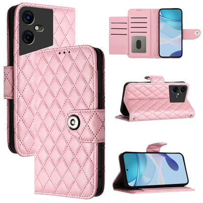 Pink rhombic flip leather phone case with card slots and lanyard strap