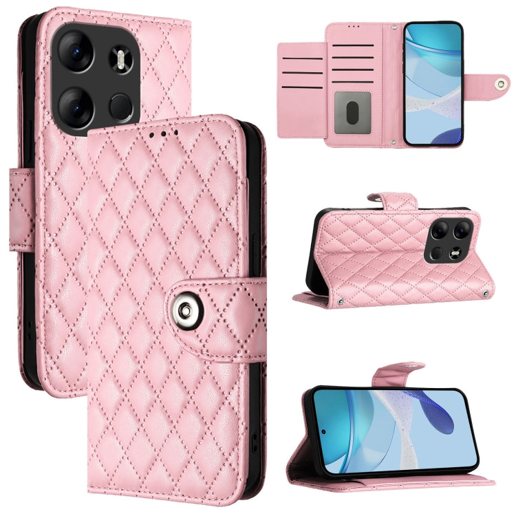 Pink diamond-stitched leather flip phone case with lanyard, card holder, kickstand