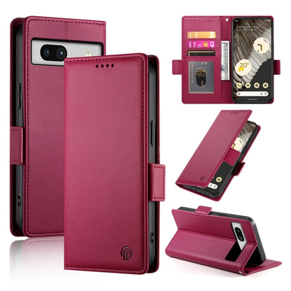 Wine red frosted leather magnetic phone case with side buckle, card slot, and stand
