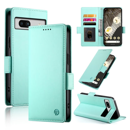 Mint green magnetic phone case with side buckle; frosted leather-style folio cover