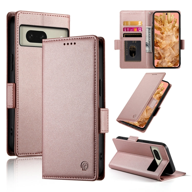 Rose gold frosted leather phone case with side buckle, magnetic closure, card slot cover