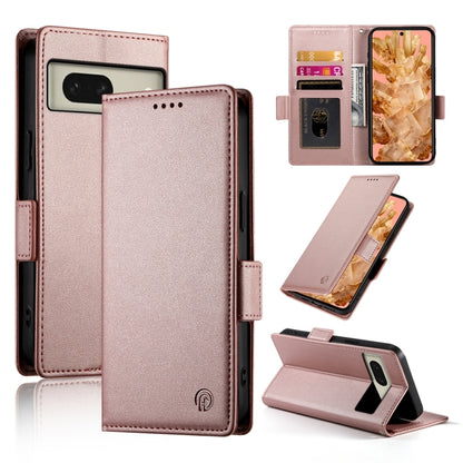 Rose gold frosted leather phone case with side buckle, magnetic closure, card slot cover