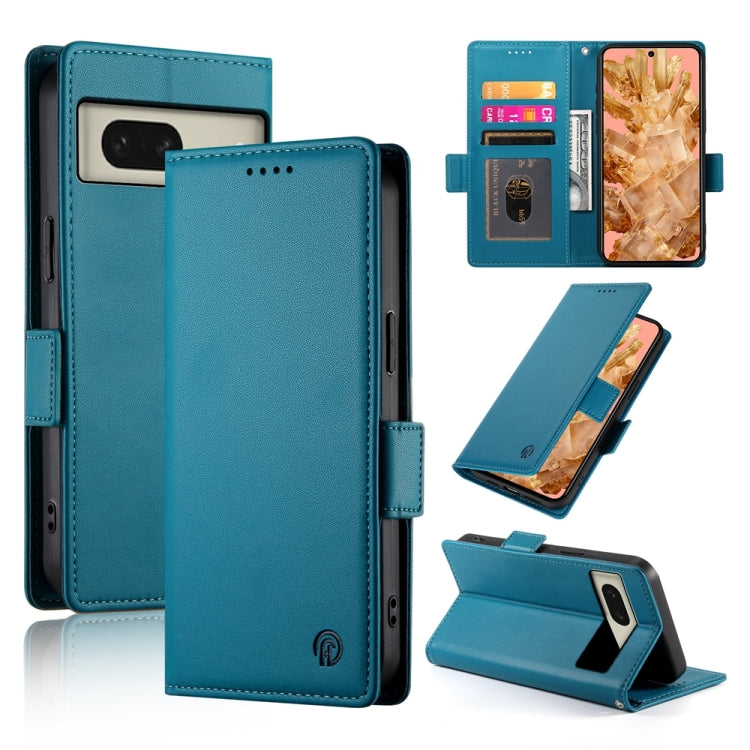 Blue frosted leather magnetic phone case with side buckle, card slot, and stand