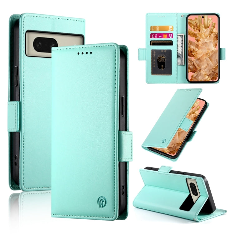 Mint green frosted leather magnetic phone case with side buckle, card slot, and stand