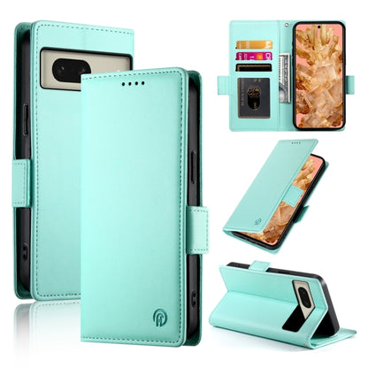 Mint green frosted leather magnetic phone case with side buckle, card slot, and stand
