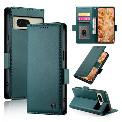 Dark teal frosted leather magnetic phone case with side buckle, card slot, and stand