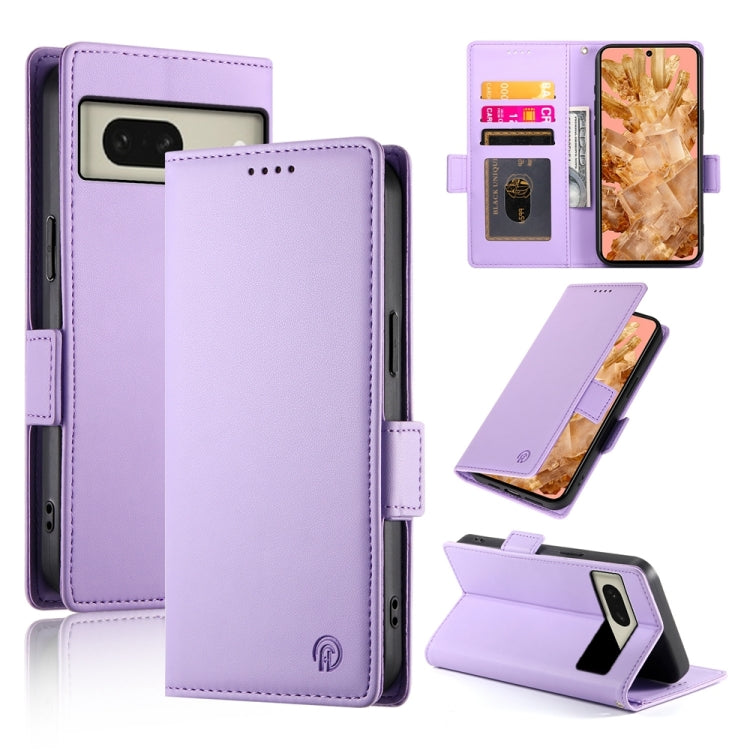 Purple frosted leather magnetic phone case with side buckle, card slot, and stand