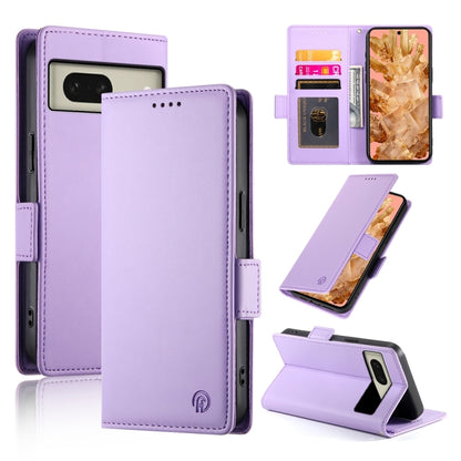 Purple frosted leather magnetic phone case with side buckle, card slot, and stand