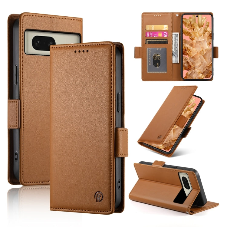 Brown frosted leather magnetic phone case with side buckle, card slot, and stand