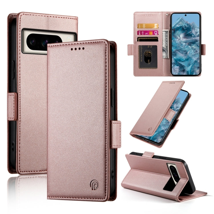 Rose gold frosted leather phone case with side buckle, magnetic closure, card slot cover